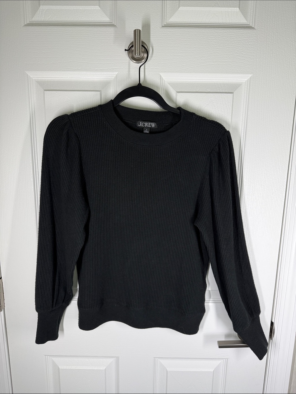 J Crew black ribbed knit long puff sleeve crewneck jersey top size small